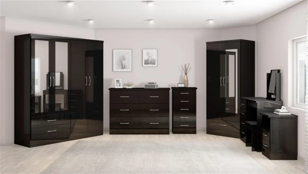 Eton 4 Door Black Gloss MDF 3D Effect Hinged Wardrobe