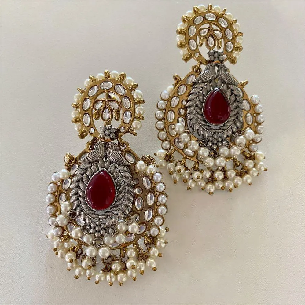 Bohemian Fusion Kundan Earrings Ruby Pearls