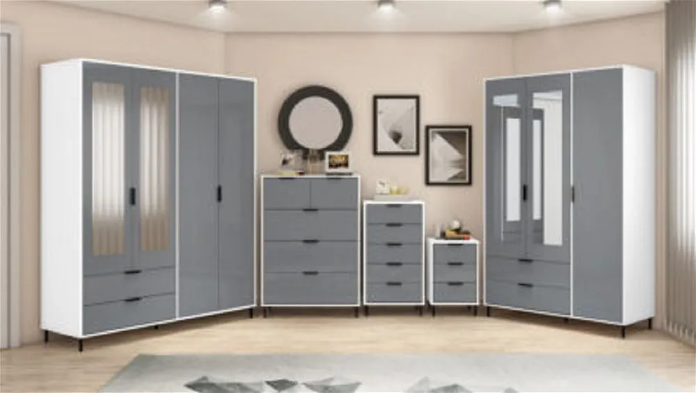 Eton 4 Door Grey White Gloss MDF 3D Effect Hinged Wardrobe