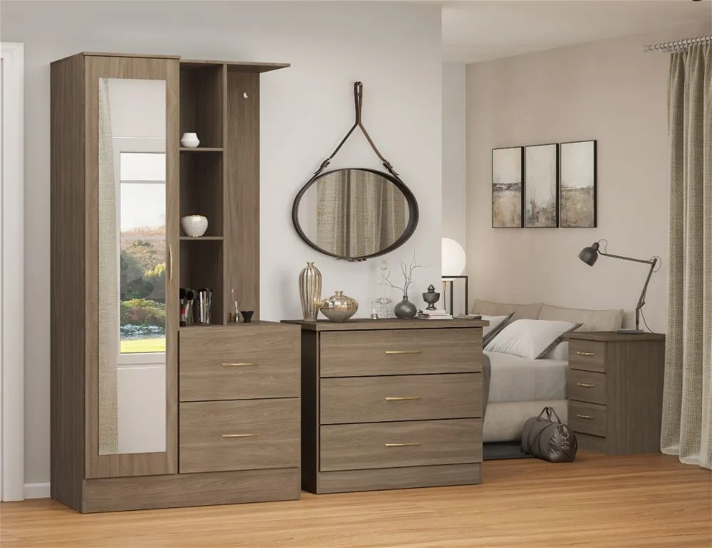 Thurso Open Shelf Mirrored Door Wardrobe Rustic Oak Effect