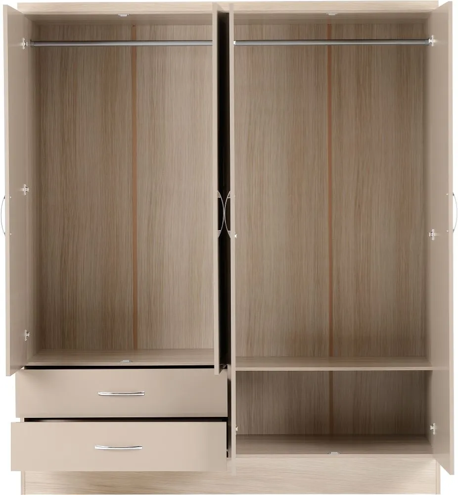 Eton 4 Door Oyster Gloss Light Oak Effect Veneer MDF 3D Effect Hinged Wardrobe