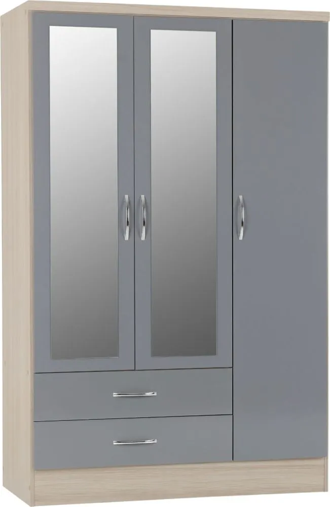 Eton 3 Door Grey Gloss Light Oak Effect Veneer MDF 3D Effect Hinged Wardrobe