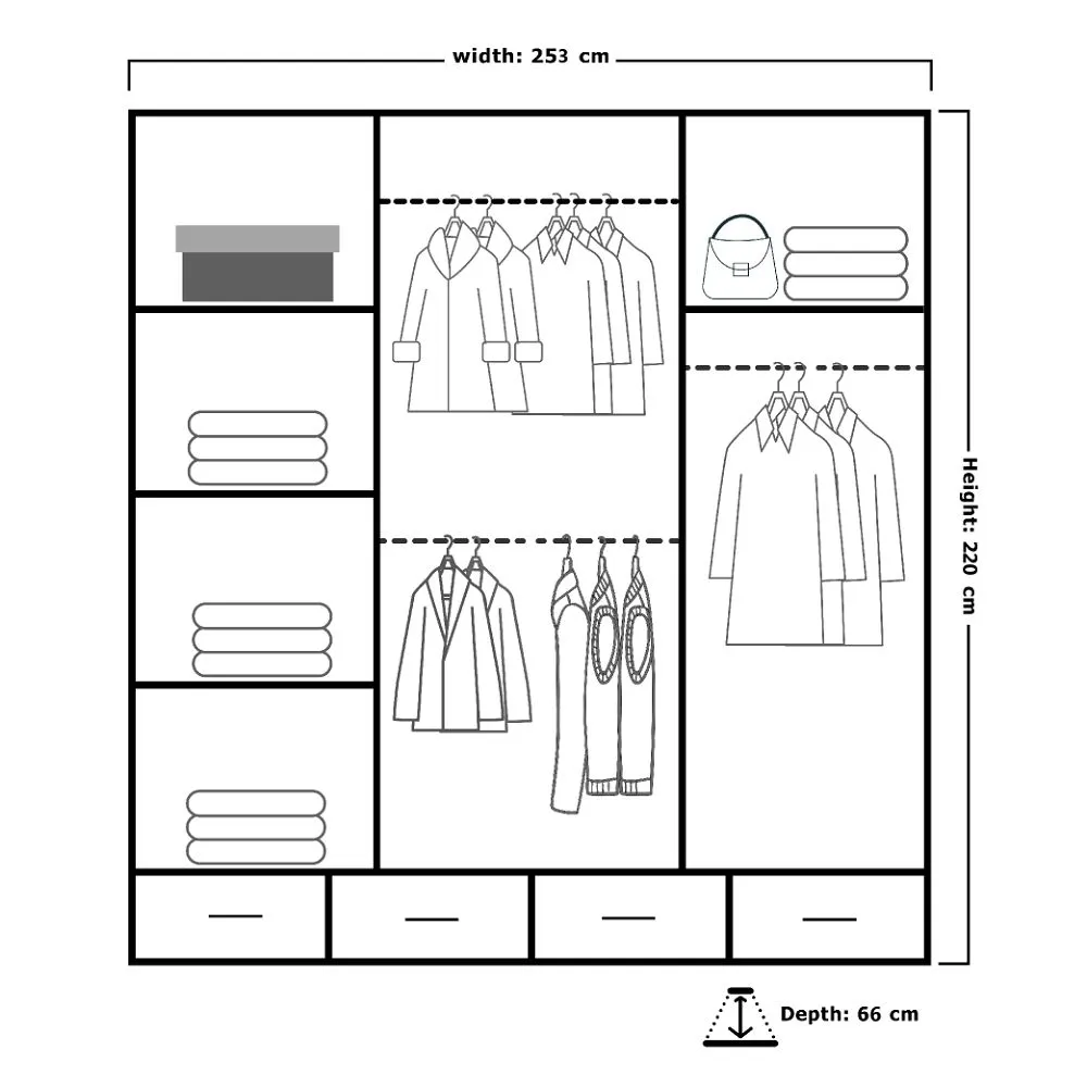 Sydney II High Gloss Wardrobe 250cm Black & Gold