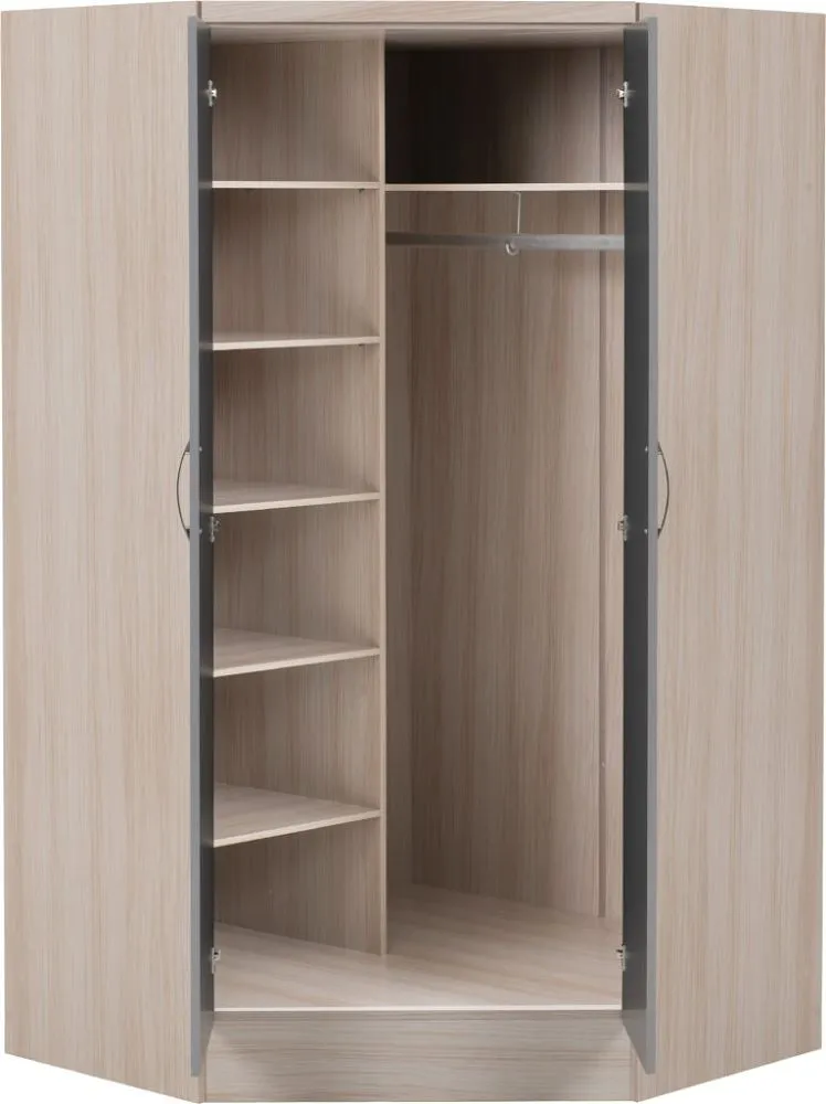 2 Door Corner Wardrobe Grey Gloss Light Oak Effect Veneer