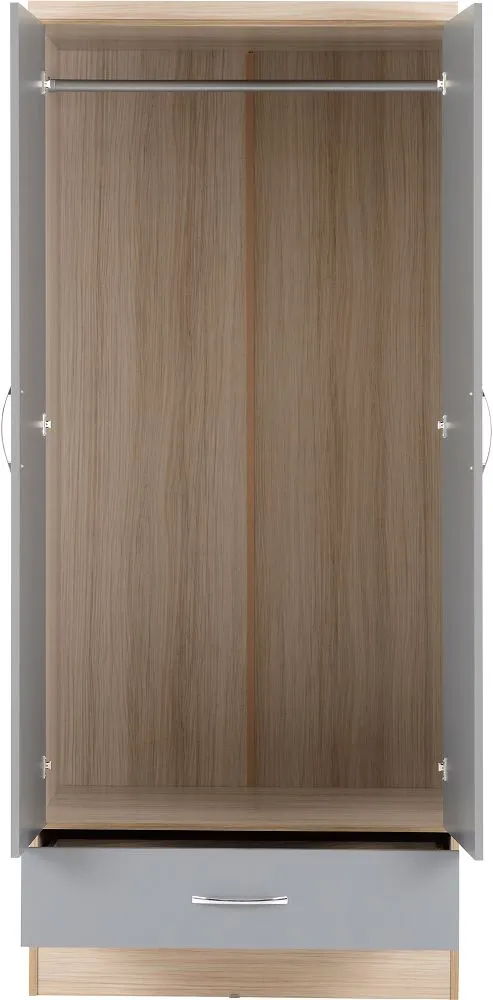 Eton 2 Door Grey Gloss Light Oak Effect Veneer MDF 3D Effect Hinged Wardrobe