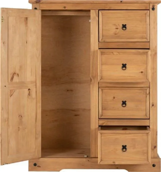 1 Door 4 Drawer Low Wardrobe Distressed Waxed Pine