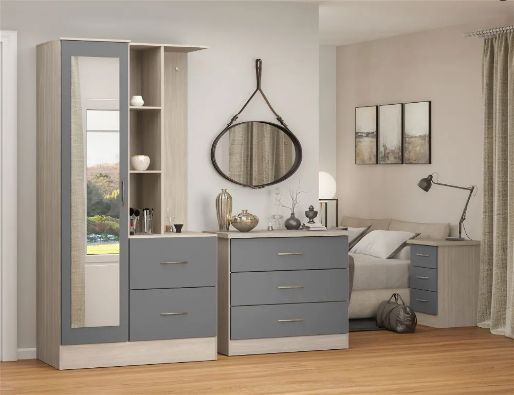 Thurso Open Shelf Mirrored Door Wardrobe Grey Gloss Light Oak Effect Veneer