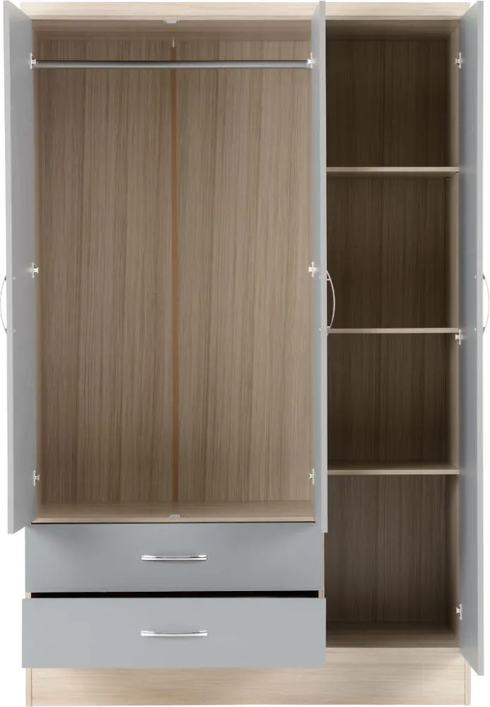 Eton 3 Door Grey Gloss Light Oak Effect Veneer MDF 3D Effect Hinged Wardrobe