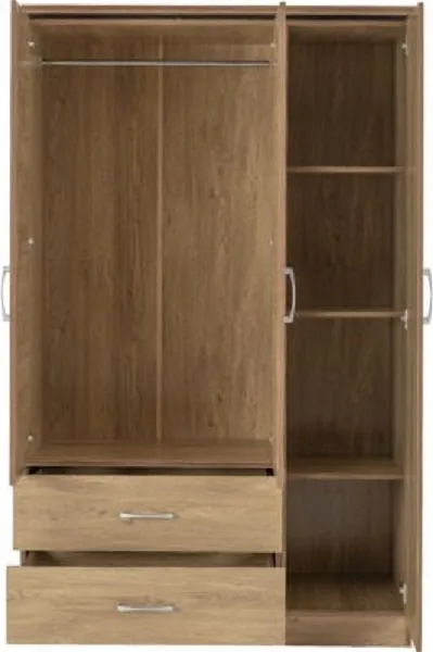 Eton 3 Door Oak Effect Veneer With Walnut Trim MDF 3D Effect Hinged Wardrobe