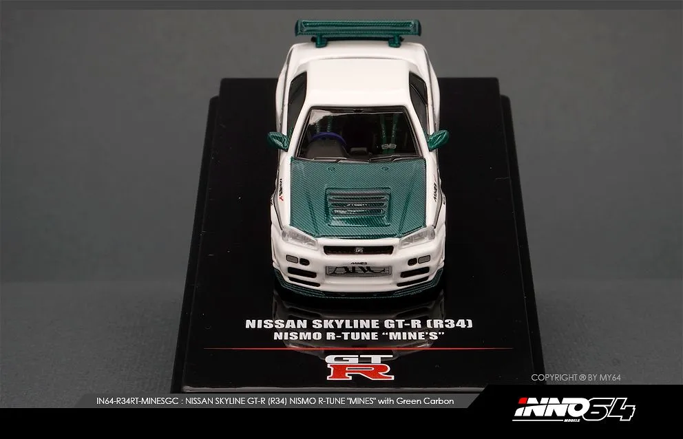 INNO64 | NISSAN SKYLINE GT-R R34 MINE'S | WHITE WITH GREEN CARBON HOOD