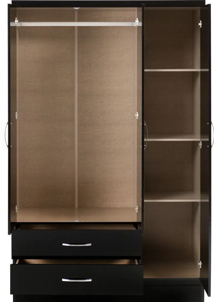 Eton 3 Door Black Gloss MDF 3D Effect Hinged Wardrobe