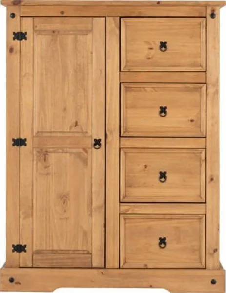 1 Door 4 Drawer Low Wardrobe Distressed Waxed Pine