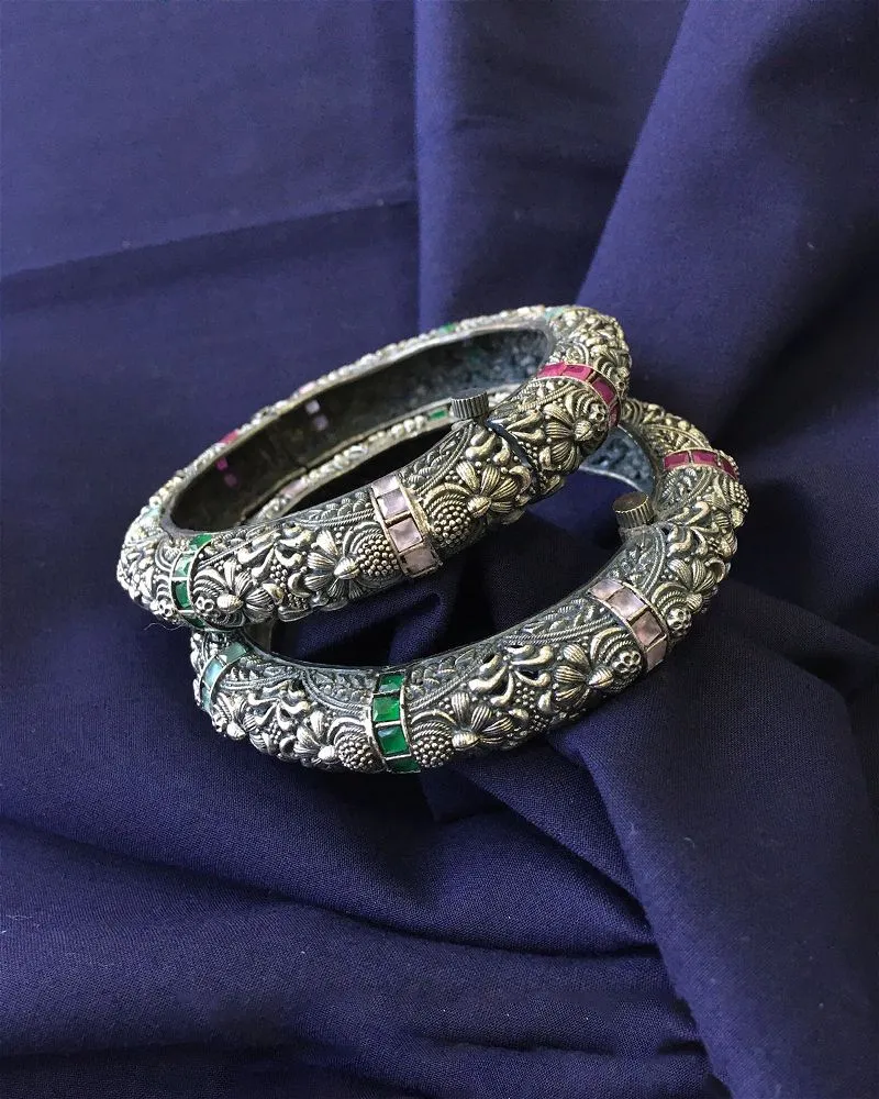 Boho Antique Silver Bangles Round Multi