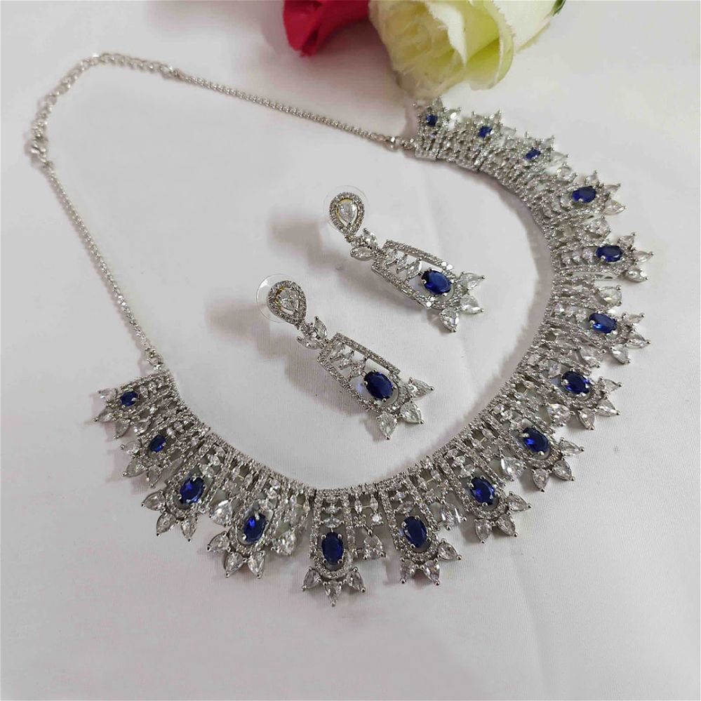 ADELE Silver Diamond Cut Necklace Set - Sapphire