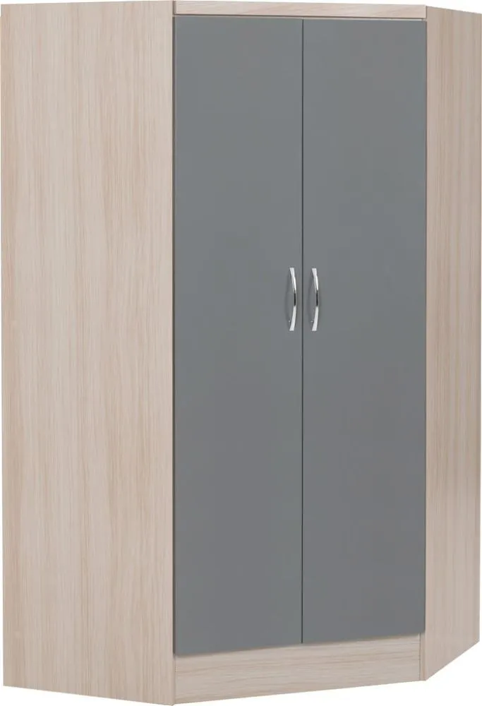 2 Door Corner Wardrobe Grey Gloss Light Oak Effect Veneer