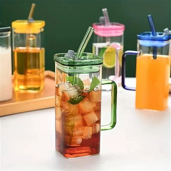 Transparent Square Glass Tumbler With Glass Straw