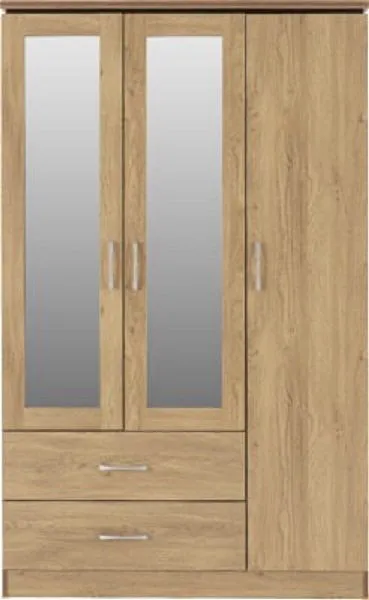 Eton 3 Door Oak Effect Veneer With Walnut Trim MDF 3D Effect Hinged Wardrobe