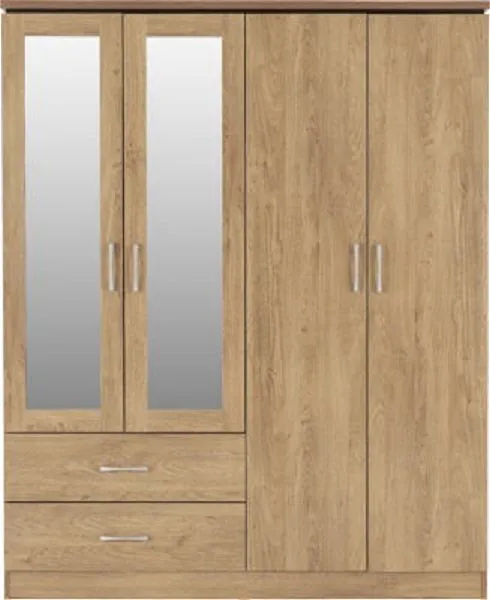 Eton 4 Door Oak Effect Veneer With Walnut Trim MDF 3D Effect Hinged Wardrobe