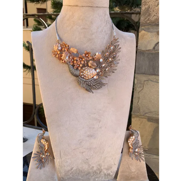 Exclusive Necklace Set In Rose Gold Polish With Silver Fusion