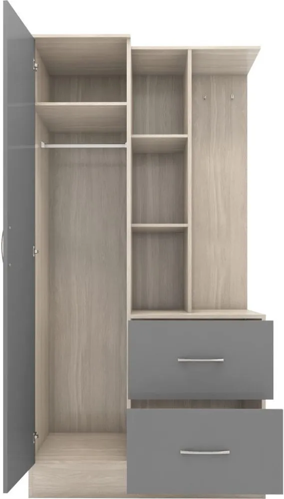 Thurso Open Shelf Mirrored Door Wardrobe Grey Gloss Light Oak Effect Veneer