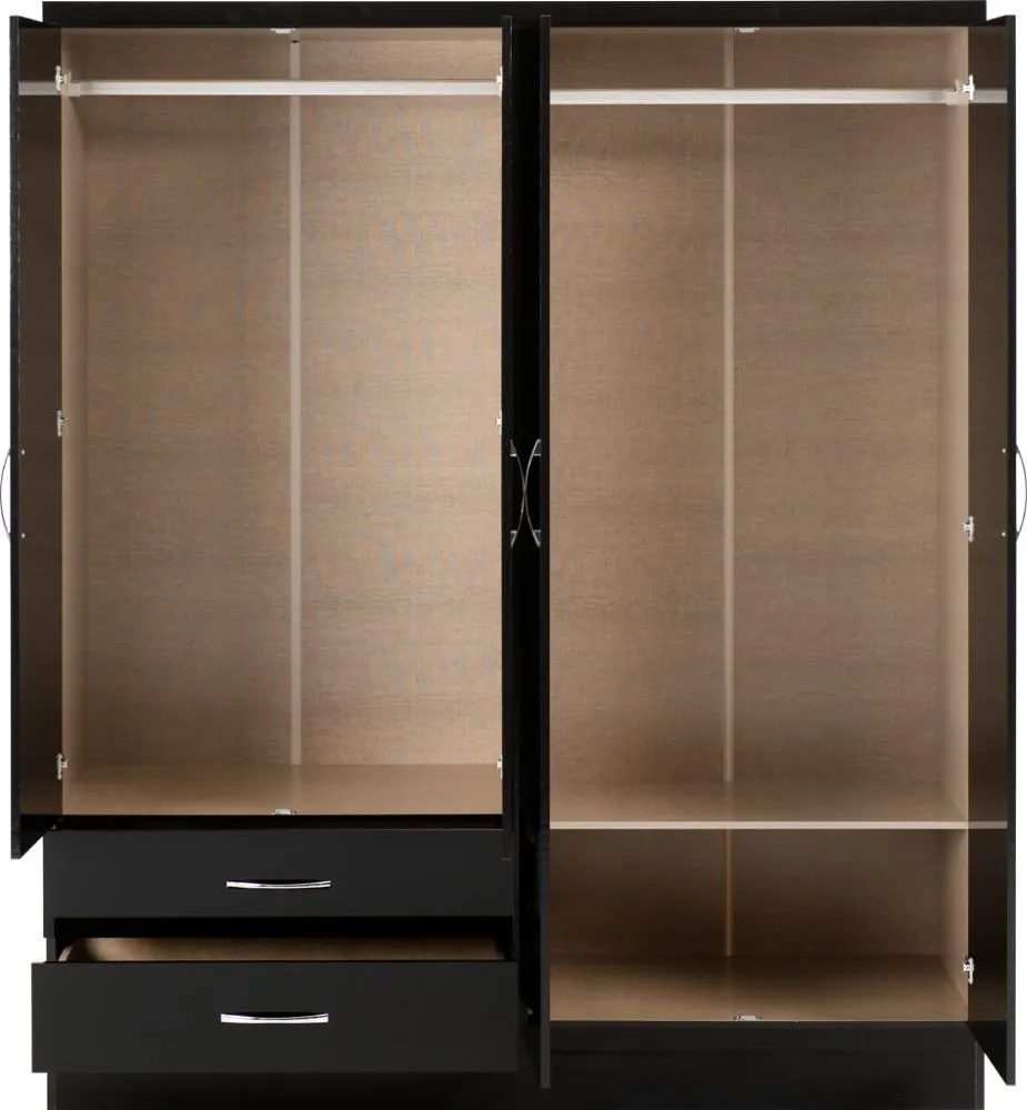 Eton 4 Door Black Gloss MDF 3D Effect Hinged Wardrobe