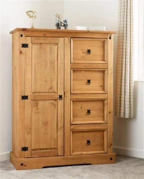 1 Door 4 Drawer Low Wardrobe Distressed Waxed Pine