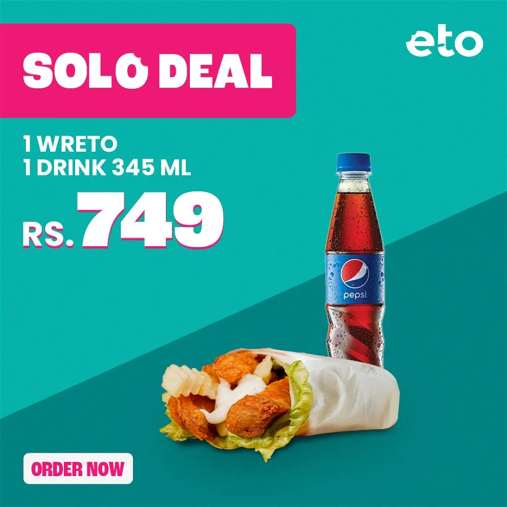 Solo Deal - 1 Wreto and 1 345ml Drink - ETO Burger Lahore