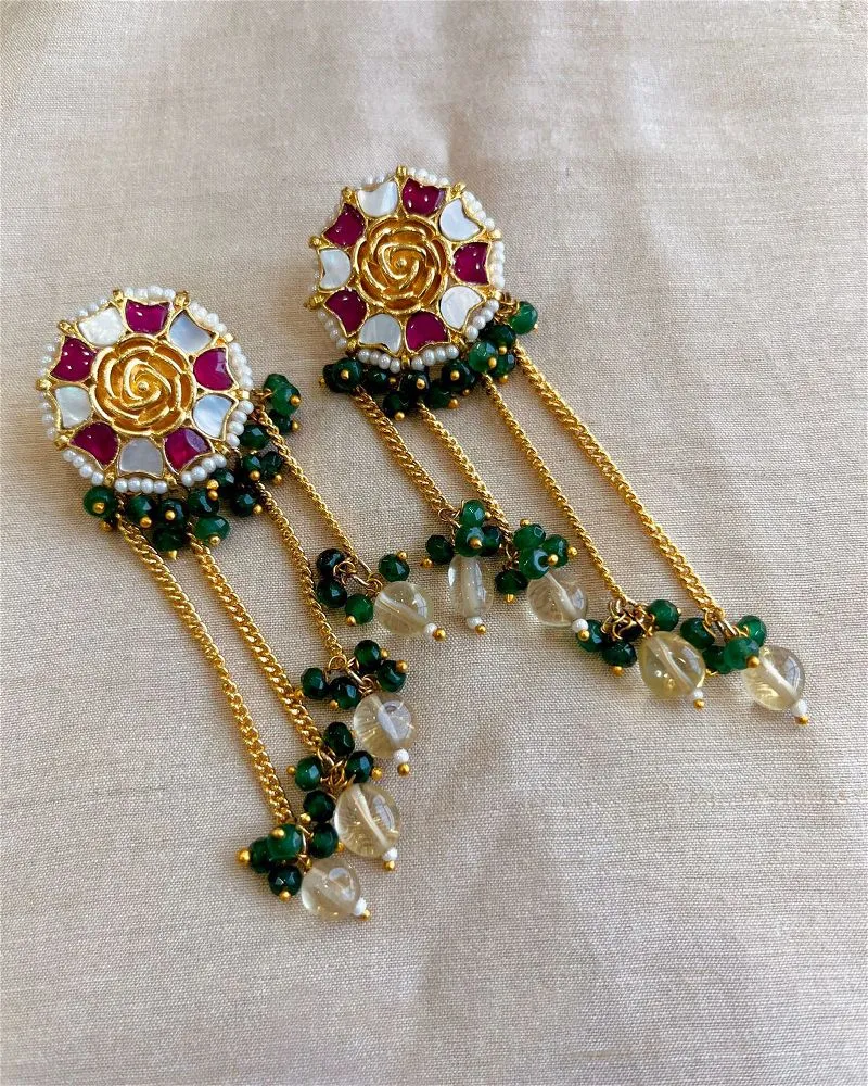 Floral Pacchi Kundan Earrings with danglers chain