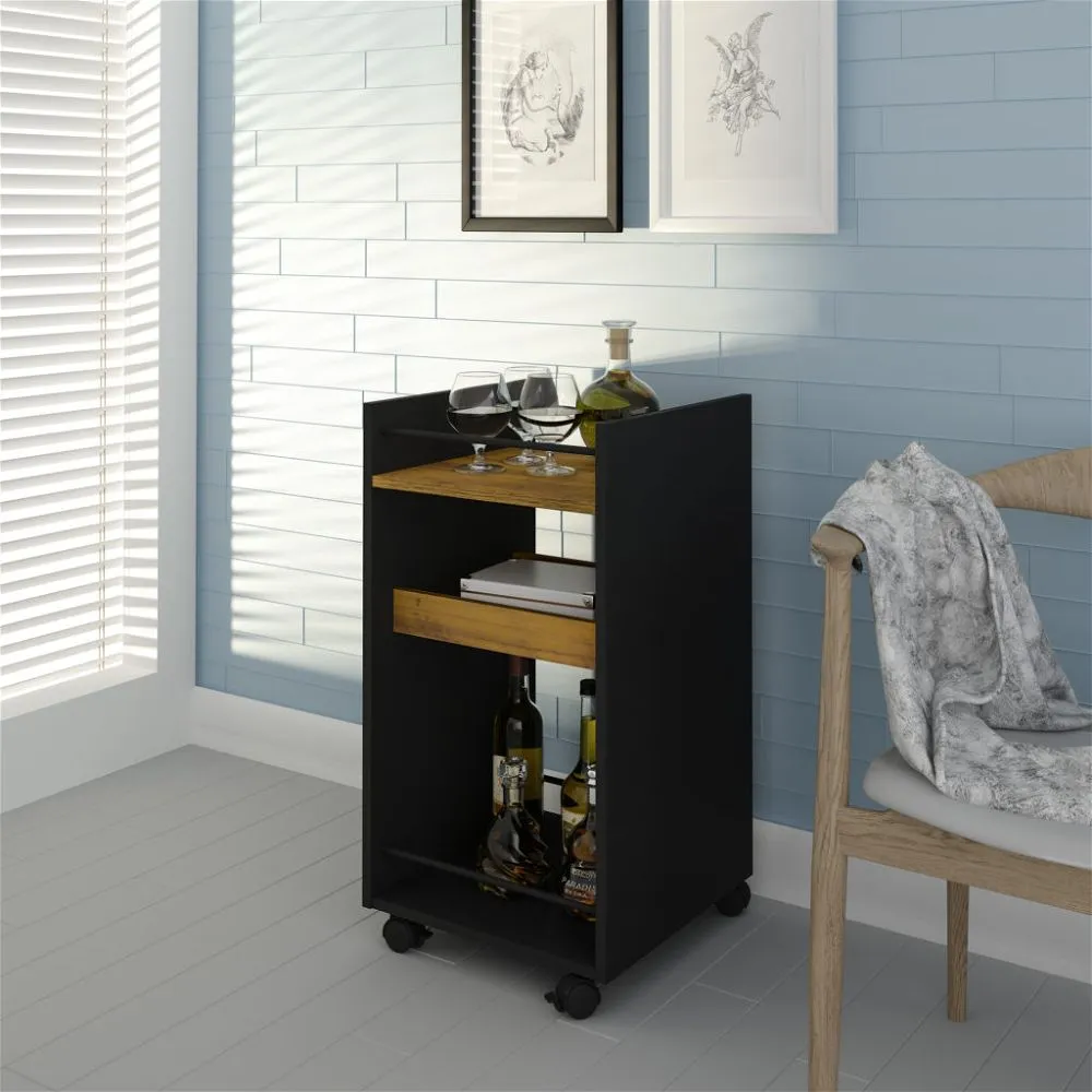 Serving Cart Side Table Black Pine Effect