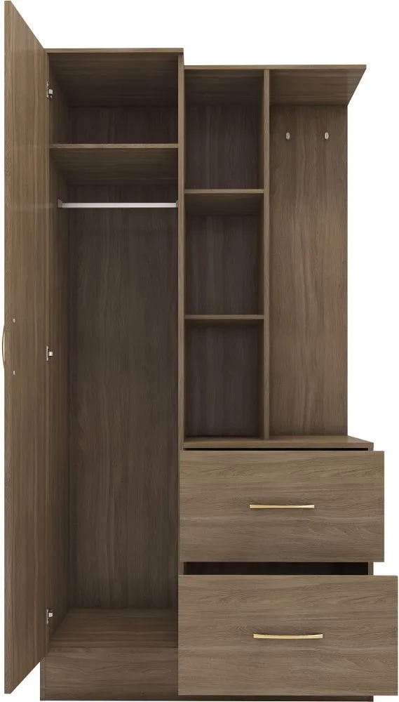 Thurso Open Shelf Mirrored Door Wardrobe Rustic Oak Effect