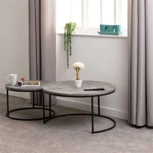 Round Coffee Table Set Concrete Effect Black